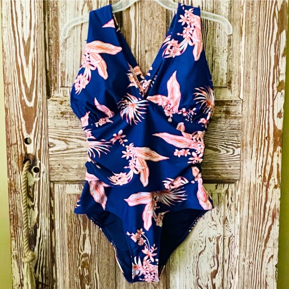 NWT Small You Di An Navy & Orange Tropical Floral One Piece Swimsuit